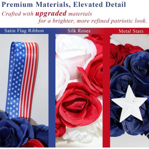 Silk Roses 4th of July Wreath, Red White Blue Patriotic Wreaths for Front Door, Memorial & Independence Day Decorations, Americana Decor for Front Porch Wall Window Indoor Outdoor (13”)
