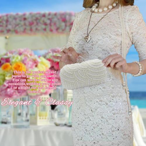 Aovtero Pearl Clutch Bag Bride Purse Women Wedding Prom Evening Bags Full Beaded Handbag with Chain