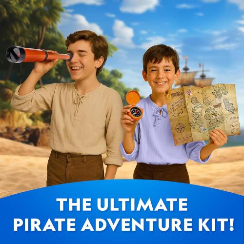 National Geographic Pirate Adventure Activity Kit – Dig for Treasure, Make a Pirate Hat & Map, Includes Spyglass, Compass, Replica Doubloon & Pyrite, STEM Toys, Telescope for Kids