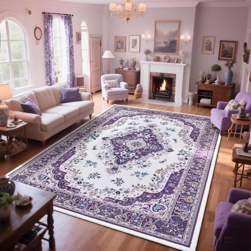 Size 8x10 Color Purple Area Rug 8x10 Living Room Rug, Non Slip Washable Rugs for Bedroom Lavender Floor Carpet for Dining Room Office Ultra Thin Vintage Floral Rugs for Farmhouse Home Office Decor