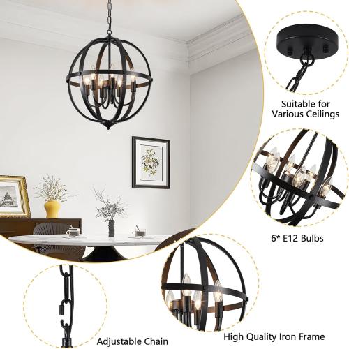 Black Orb Chandelier 6-Light, 17.12'' Small Metal Industrial Globe Pendant Light, Adjustable Hanging Ceiling Light Fixtures, Ceiling Chandelier Light for Kitchen, Dining Room, Foyer