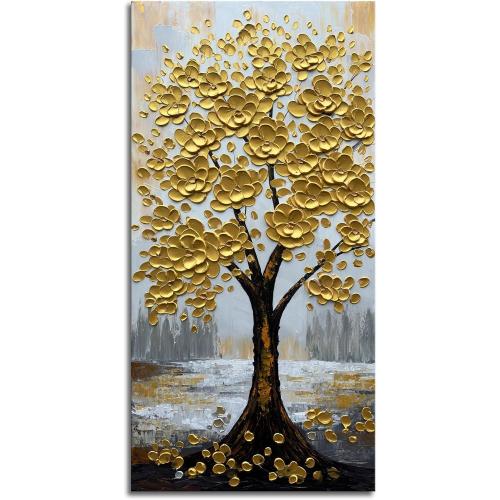 zoinart 3D Modern Oil Paintings, Gold Fortune Tree Painting, Abstract Vertical Canvas Wall Art, Floral Wall Painting for Dining Room Hallway Living Room Wall Decor 48x24 Inches