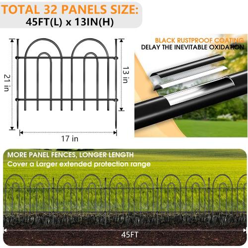 45ft X 13in Animal Barrier Fence, 32 Panels No Dig Fence for Dogs Rabbit, Anti Digging Defense Barrier Garden Edging Border, Rustproof Metal Arched Decorative Garden Fencing for Outdoor, Yard, Lawn