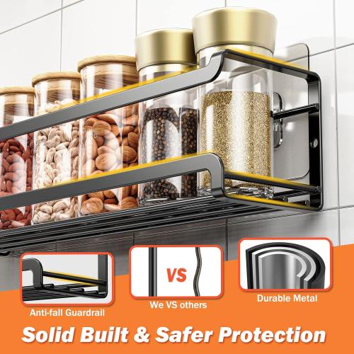 Bunoxea Spice Rack Wall Mounted 4 Pack, Black,For Spice Jars & Seasonings | 4 Removalble Hooks,Screw or Adhesive Hanging, Space-Saving,For Kitchen Cabinet, Pantry Door,Stove,RV Use,11.41x2.75x2.75in