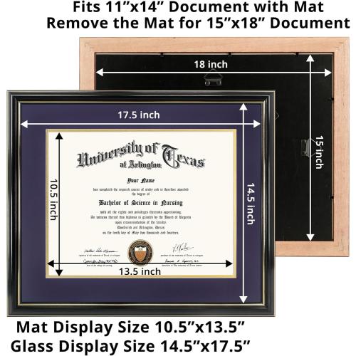 GraduationMall 11x14 Diploma Frame with Purple over Gold Mat or Display 15x18 Certificate without Mat,Solid Wood & UV Protection Acrylic,Glossy Black Finish with Gold Trim
