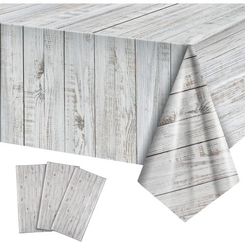 Tatuo 3 Packs Natural Wood Grain Tablecloths Rustic Plastic Table Covers for Rectangle Table, Vintage Farmhouse Style Tablecloth Decorations for Western Barn Themed Birthday, 54 x 108 Inch (White)