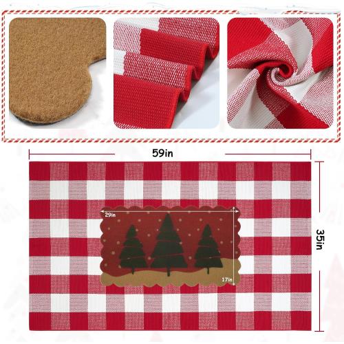 OJIA 2PCS Christmas Rug Door Mat Combo Set, Imitation Coir Doormat   3'x5' Red and White Plaid Rug Xmas Washable Outdoor Area Rugs Layered Door Mats Floor Carpet for Porch Patio Decor Outside Entry