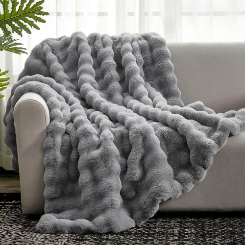 Cozy Bliss Faux Fur Throw Blanket for Couch, Fuzzy Soft Plush Thick Bubble Blanket for Sofa Bedroom Living Room,50 * 60 Inches Light Grey