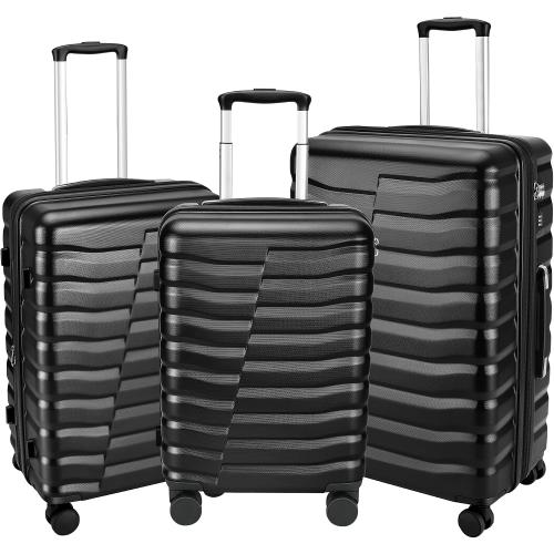 WireHot Lightweight Luggage with Spinner Wheels & YKK Zipper, Hard Shell 3-Piece Suitcase ABS PC Hardside Luggage Set with TSA Lock for Men Travel, Black (20 24 28 inch)