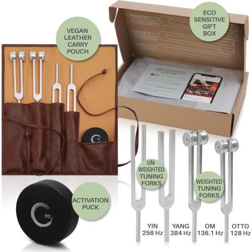 Resonance Tuning Fork for Healing Set – 128Hz, 136.1Hz, 256Hz, 384Hz for Stress & Sleep, Chakra Balance, Mental Focus, Relaxation | Activator   Pouch | Weighted & Unweighted