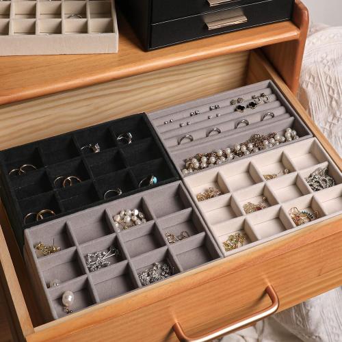 Frebeauty Jewelry Organizer Tray,Stackable Velvet Jewelry Trays,Drawer Inserts Earring Organizer For Women Jewelry Storage Display Case for Rings Stud Necklaces,Set of 9(Grey)