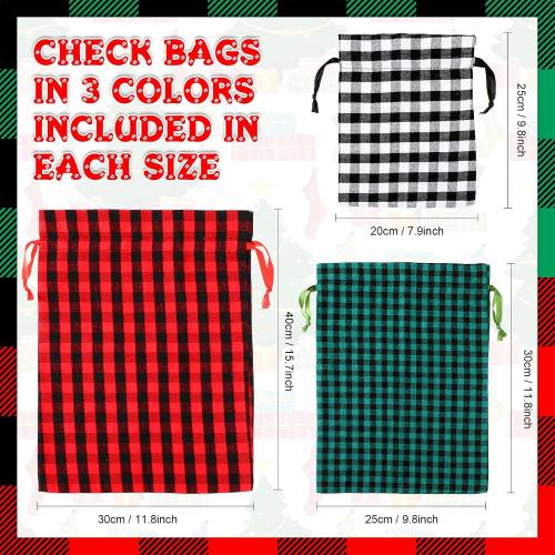 Zhengmy 30 Pcs Christmas Cotton Plaid Large Size Drawstring Bags Storage Sack Present Stocking Storage Cotton Buffalo Plaid Christmas Drawstring Bag for Xmas Gift Party Favors(Normal)
