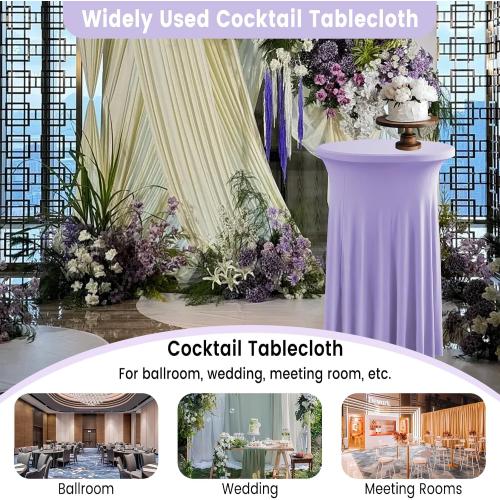 Qubjus 2 Pack Round Cocktail Table Covers with Skirt Stretch Spandex Tablecloth 32x43 Cocktail Round Tablecloth for Party Wedding Birthday Banquet, Light Purple