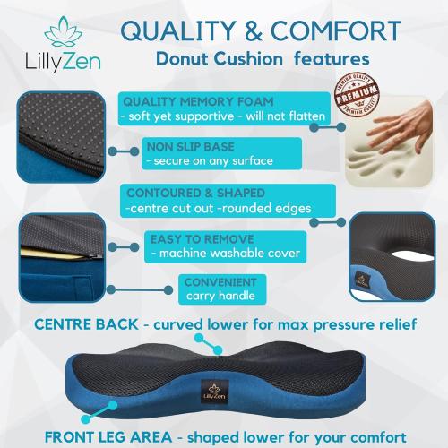 Color Black and Blue Lilly Zen Donut Pillow for Tailbone Pain Relief Memory Foam Cushion Orthopedic Seat Pressure Relief Sitting Coccyx Sciatica Hemorrhoid Pregnancy Postpartum Office Chair Butt Pillows (Black Blue)
