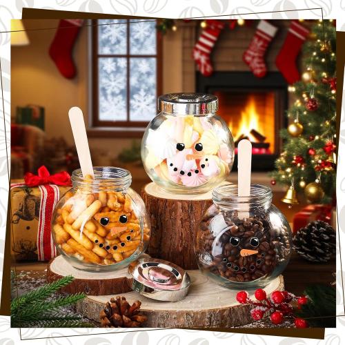 Bokon 3 Sets 16.2 oz Christmas Glass Jars with Lids Hot Chocolate Hot Cocoa Bar Supplies Snowman DIY Candy Jars Wooden Spoons for Marshmallow Cocoa Bombs Coffee Beans Christmas Party Favors