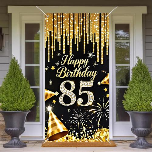 85th Birthday Door Cover 71x35 Inch Black and Gold Birthday Door Banner for Party Decorations Diamond Number Backdrop Sign for Women Men Adults Photo Booth Prop Wall Decor