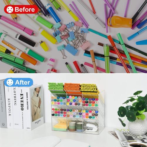 Marbrasse Clear Pen Organizer Storage, Acrylic Desk Organizer with 12 Compartments, Pen Holder for Desk, Desktop Art Organizer for Office School Art Supplies