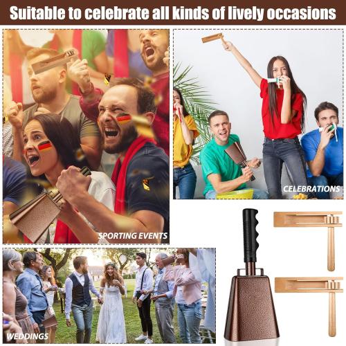 Nuanchu 10 Inch Cowbell Noise Makers for Sport Event Steel Cowbell with Handle and 2 Pcs Wooden Spinning Rattle Ratchet Traditional Matraca Toy Cheering Bell for Baseball Game Party Sport Drum(Brown)