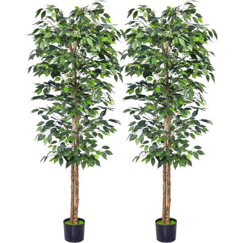 2Packs 6FT Artificial Ficus Trees with Realistic Leaves and Natural Trunk, Faux Ficus Tree with Sturdy Plastic Nursery Pot, Fake Ficus Tree for Office Home Farmhouse for Indoor Outdoor Decor