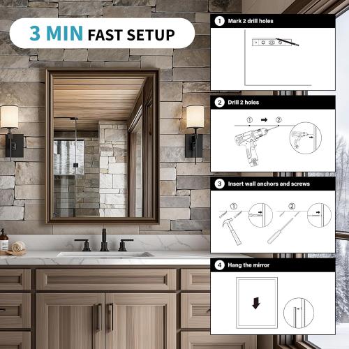 Retro Copper Effect Framed Wall Mirror, 24x36 Rectangle Mirror, Anti-desilvering Tempered Glass, Sustainable& Sturdy Frame, Farmhouse Mirror, Anti-Rust, 3min Fast Setup for Bathroom Living Room