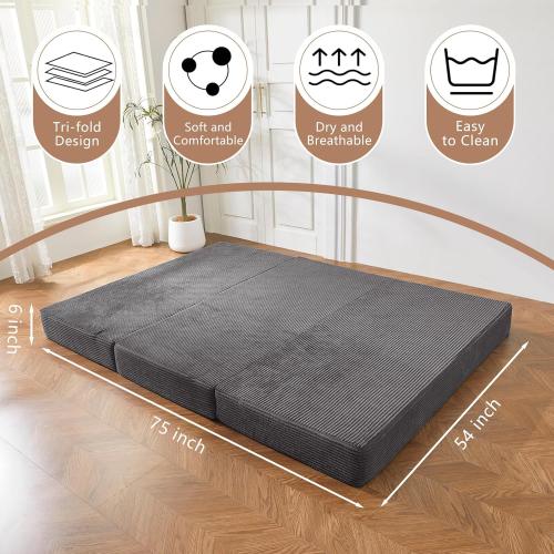 BYBYME Corduroy Tri-Folding Mattress, 6 Inch Gel Folding Mattress Topper, Foldable Soft Guest Bed Camping Pad, Washable Cover (Dark Gray, Full)