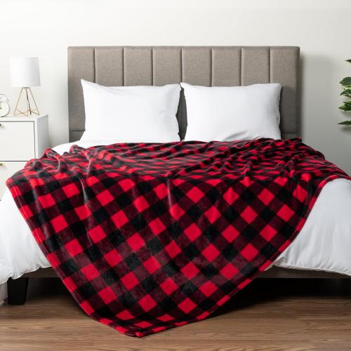 PAVILIA Black and Red Buffalo Plaid Fleece Throw Blanket for Couch, Soft Checkered Flannel Blanket for Sofa, Plaid Christmas Couch Throw Bed, Warm Cozy Decorative Blanket Fall Decor Gift, 90x90