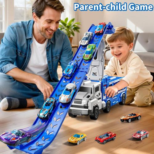 3-in-1 Kids Carrier Truck Toy Car Tracks for Toddlers 2-4 Years Old with 12 Racing Cars Toys, Foldable Chasing Race Track and Car Garage, Car Ramps Birthday Gift for Boys Girls 3-5 4-8(Blue)