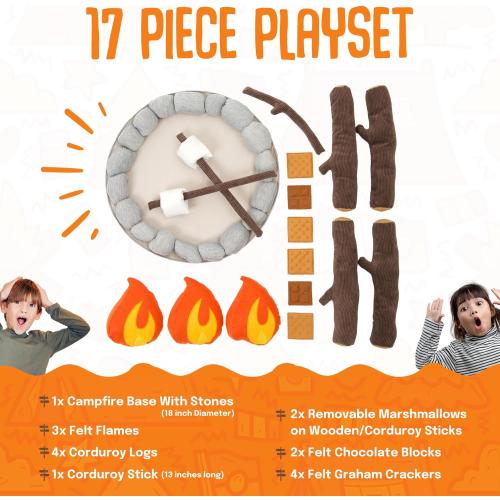 Pretend Campfire - Sensory Play Pretend Camping Set for Kids with Plush Fire, Logs and Stones - 17 Pieces - Safe, Soft, Fake Fire Pit - Felt Toy Campfire Playset for Kids