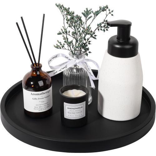 Silicone Bathroom Tray Round Vanity Tray Decorative Soap Holder Kitchen Countertop Organizer Coffee Table Decor for Candle, Perfume, Plant, 11 Inch, Black