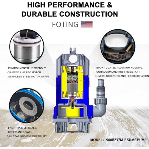 FOTING 1.5HP Sump Pump, 6300GPH High Flow Clean&Dirty Submersible Water Pump with Float Switch, Thermoplastic Electric Portable Utility Pump for Pool Draining Hot Tub Garden Basement