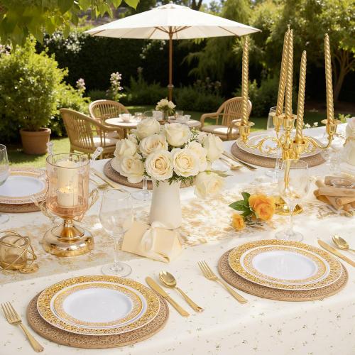 WDF 100pcs Gold Dessert Plates 7.5 with 100 Pieces Disposable Forks 7.4, Lace Design Fancy Appetizer Small Salad and Cake Plates for Thanksgiving Party/Weeding