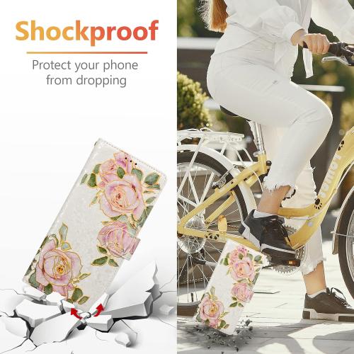 UEEBAI Wallet Case for iPhone 16 Plus, PU Leather Phone Cover Kickstand RFID Blocking Flip Case Card Slots Wrist Strap Relief Engraved Pattern Magnetic Closure Flower Folio Wallet, White Rose