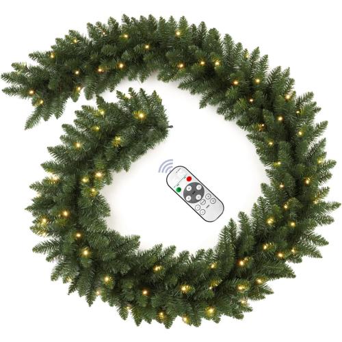 9FT Pre-Lit Artificial Christmas Garland with Dual Color LED Lights and Timer by Remote Control and Batteries Operated, Holiday Decorations, for Indoor Door Home Stairs Fireplaces Wall