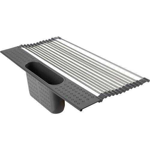 Kitchen Details Over The Sink Drying Rack with Utensil Holder | Roll Up for Storage | Stainless Steel | Drain Tray | BPA Free | Food Safe | Space Saving | Grey