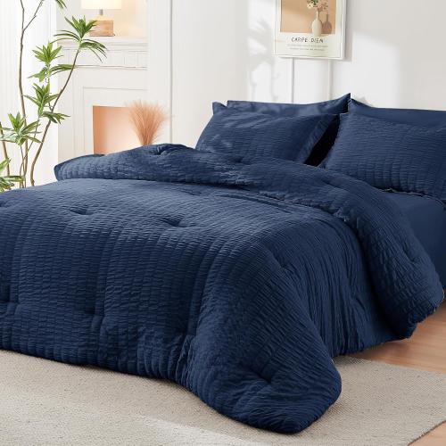HYMOKEGE Navy Blue Queen Comforter Set Seersucker  All Season Luxury Bed in a Bag for Bedroom, Bedding Set with Comforters, Sheets, Pillowcases & Shams