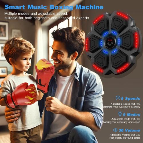 Black New Smart Music Boxing Machine with Red Boxing Gloves, Bluetooth Training Machine with LED Electronic Wall Mounted, Electronic Focus Agility Training Digital Boxing for Kids and Adults