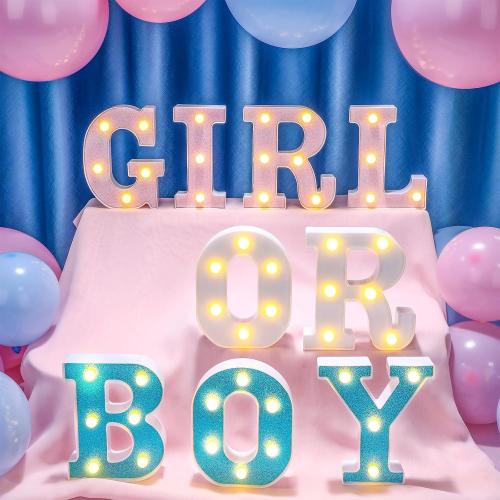 Boy or Girl Gender Reveal Party Decorations Light up Letters Glitter Sign Battery Powered Pink Blue Marquee Lighted Sign Alphabet LED Letter Lights for Baby Shower Tabletop Decor Supplies