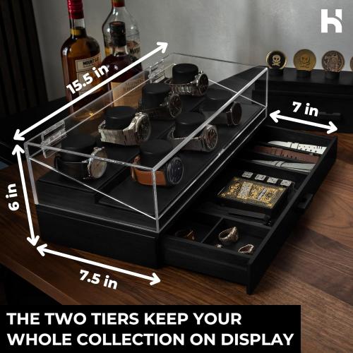 Holme & Hadfield Premium 7-Slot Wooden Watch Display Case – Large Handcrafted Men’s Watch Box with Accessory Drawer, Hinged Cover, Leather Lining – Birthday Gift for Men – Luxury Built to Last