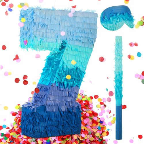 Sratte Number 1 2 3 4 5 6 7 8 9 Piñata with Stick Blindfold Confetti, Gradient Blue Piñata for Kids Boys Girls Birthday Party Anniversary Decorations Supplies(Number 7)