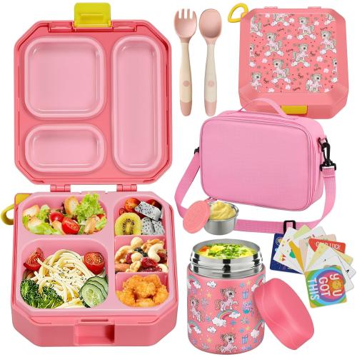 wiwens Bento Lunch Box for Kids with 12oz Soup Thermo Leak-Proof Lunch Food Container with 5 Compartment Thermo Hot Food Jar and Insulated Lunch Bag for Kid Toddler Girls Boys to School