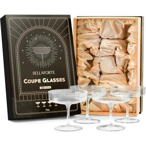 BELLAFORTE Champagne Coupe Glasses, Espresso Martini Glasses | Set of 4 | 7 oz Classic Cocktail Glasses, Fluted Glassware Crystal with Stem for Manhattan, Cosmopolitan in Premium Gift Box