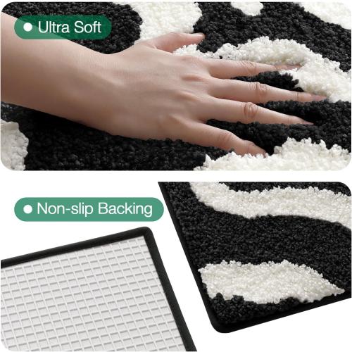 LUMI Non Slip Bathroom Rug Modern Aesthetic, Ultra Soft Absorbent Washable Bath Mats, Quick Dry Premium Floor Rugs for Shower, Tub, Black and White, 24x43