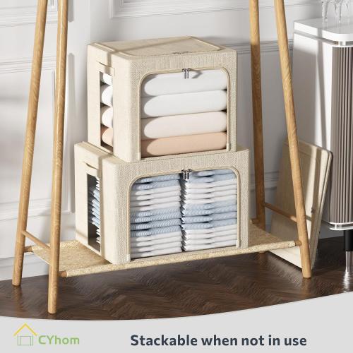 CYhom 3Pack Foldable Storage Bins - Frame Storage Box Linen Fabric Stackable Clothes Container Organizer with Clear Window & Carry Handles Large Capacity (Extra Large-100L, Beige)