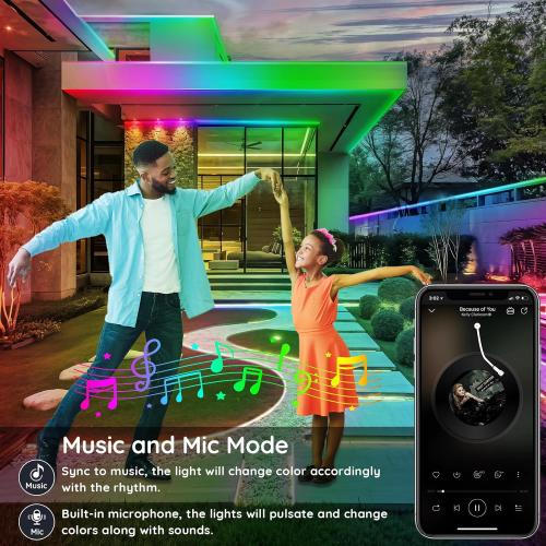 Outdoor LED Strip Lights Waterproof,IP68 Outside Led Light Strips Waterproof with App and Remote,Music Sync RGB Exterior Led Rope Lights with Self Adhesive Back for Roof,Deck
