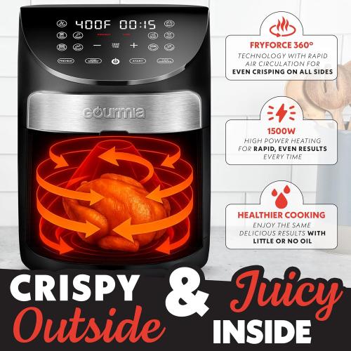 Gourmia Air Fryer - 7 Qt Large Capacity, FryForce360º, Digital Display with 10 Presets, Roast, Bake, Broil, Dehydrate, Dishwasher Safe Accessories, Black
