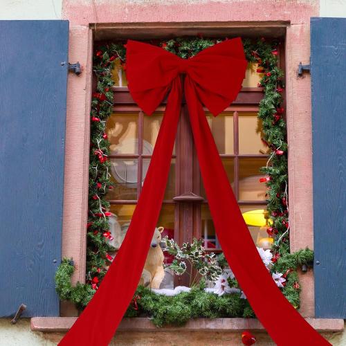 Extra Large Christmas Front Door Bow Decorations 27 x 78 Inch Giant Velvet Christmas Tree Topper Bow with Long Streamers Wreath Wall Decor for Home Xmas Room Holiday Porch(Red)