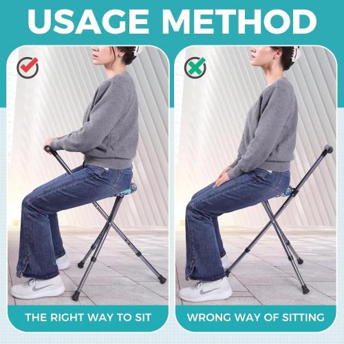 ENLUNTRA Portable Adjustable Folding Walking Cane with Seat and Cushion，Cane seat for Seniors with Magnetic Massage Handle, Lightweight Walking Cane with LED Light，Supports up to 330 Pounds