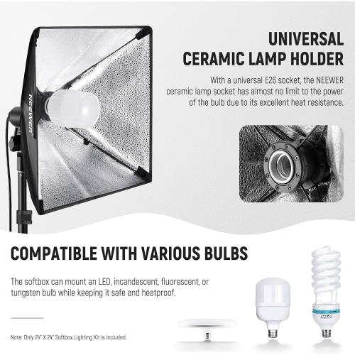NEEWER 350W Equivalent Softbox Lighting Kit, 5700K LED Light Bulb, 24x24 inches Softbox with E26 Socket, Photography Continuous Lighting Kit, Photo Studio Equipment, NK300