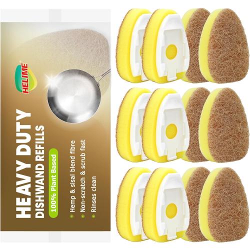 HELIME Natural Dishwand Refills Sponge, Non Scratch Dish Wand Sisal Hemp Replacement Brush Head, Plant Based Heavy Duty Scrubber Dispenser, Dishwashing Cleaning Supplies for Kitchen Sink Dishwash Tool