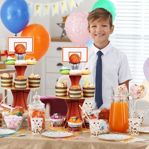 Nuenen Basketball Theme Cupcake Stand Party Decorations,3 Tier Sports Theme Party Favor Display Cupcake Holder Basketball Baseball Sports Birthday Tower Centerpieces for Table Decor Supplies